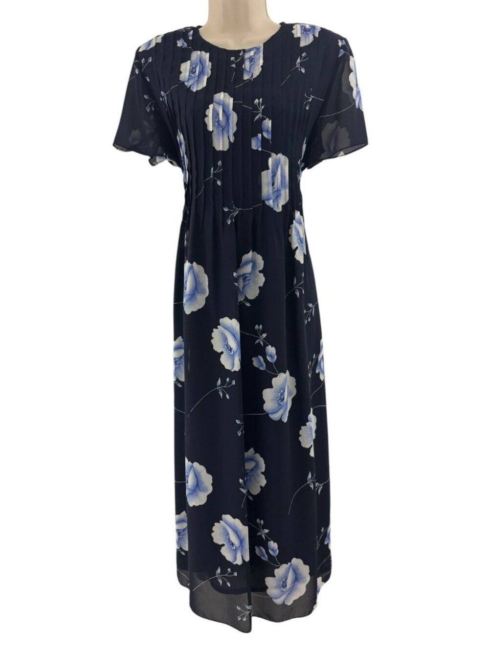 Navy Blue Floral Print Chiffon Pintucked Short Sleeve Maxi Dress Size 12 Summer
